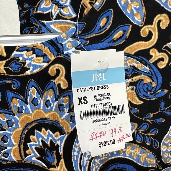 J Mclaughlin Women Catalyst Dress XS Blue Rayon 3/4 Sleeve Paisley Stretch Knee - Picture 7 of 8